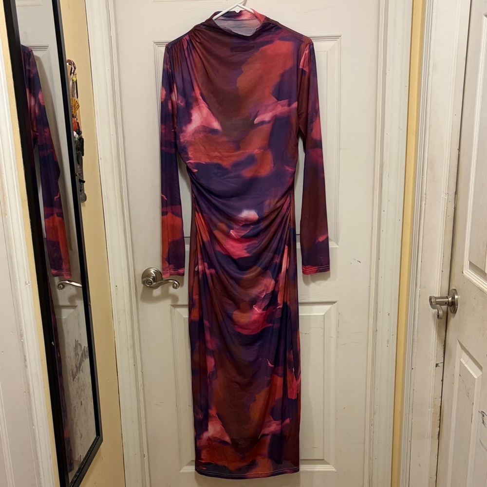 Long Sleeve Midi Bodycon Dress in Red & Purple Abstract Print